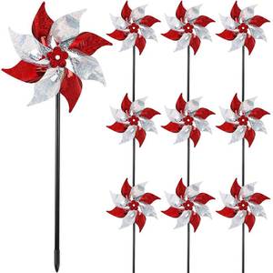 lot 8282 image: Hausse 10 Pack Reflective Pinwheels, Extra Sparkly Wind Sculptures for Garden Christmas Holiday Winter Decor, Bird Devices Deterrent to Scare Birds Away from Yard Patio Farm, Red & Silver