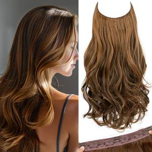 lot 8286 image: SARLA Invisible Wire Hair Extensions with 3 Clips Short Wavy Curly Synthetic Hairpiece for Women Adjustable Transparent Headband 14 Inch Chestnut