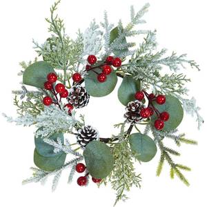 lot 8301 image: Winlyn 4 Pcs Artificial Eucalyptus and Snowy Cedar Candle Rings Christmas Candle Holder Rings Mini Window Wreaths 12.2 Wide with Red Berries Pine Cones for Holiday Winter Wedding Seasonal Decoration
