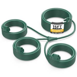 lot 8315 image: 15FT Outdoor Green Extension Cord with Multiple Outlets, Evenly Spaced 3 Outlets, Light Duty 163 SJTW Cable with Grounded Plugs, 13AMP 1625W 125V 16AWG, ETL Listed