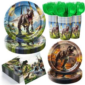 lot 8346 image: 120pcs Dinosaur Party Supplies Paper Plates Napkins Disposable Tableware Set Paper Cups Green Forks for Dinosaur Theme Birthday Party Supplies for Boys Kids Severs 24