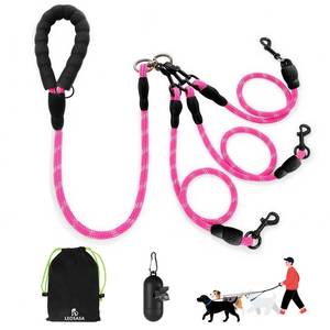 lot 8356 image: LEOSASA No Tangle 3 Dog Leash - Main Lead Rope with Padded Handle, Three Detachable Leash Splitters, Heavy-Duty Clip, 4.76ft for Walking, Running, Small, Medium, Large Dogs (Pink)