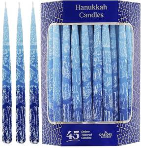 lot 8358 image: The Dreidel Company Hanukkah Candles Dripless Multi Blue Hued Frosted Deluxe Tapered Candles 1-Hour Burn Time Odorless 45 Candles for All Eight Nights of Hanukkah