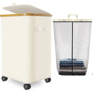 lot 8369 image: Laundry Hamper with Wheels,20 Gal (75L) Laundry Basket with lid Rolling Clothes Hamper Foldable Dirty Clothes Basket on wheels with Bamboo Frame and Bag for Bedroom, Dorm, Laundry Room-Off White