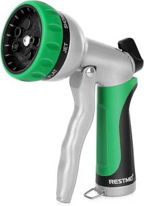lot 8375 image: RESTMO Garden Hose Nozzle, Heavy Duty Metal Water Hose Nozzle with 7 Adjustable Spray Patterns, High Pressure Hand Sprayer with Flow Control for Watering Plants & Lawns, Washing Cars & Pets
