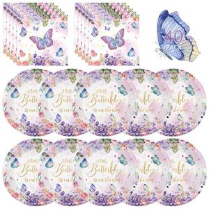 lot 8404 image: 40 Pcs Butterfly Birthday Party Decorations - Purple Butterfly Plates and Napkins, Floral Paper Plates Napkins Disposable Tableware Sets for Butterflies Birthday Party Supplies Decor Favors, Serve 20
