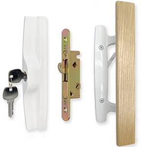 lot 8409 image: ALLYWASAI Sliding Patio Door Handle Set with Mortise Lock, Key Cylinder and Face Plate, Wood Handle Lock Set Fits Door Thickness from 1-12 to 1-34, 3-1516 Screw Hole Spacing, White