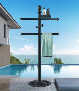 lot 13022 image: Pool Outdoor Towel Rack, 6 Bars with Top Tray Metal Heavy Duty Pool Accessories with Heavy Metal Base, Hot Tub Accessories Towel Dying Rack Towel Stand for Pool, Hot Tub etc