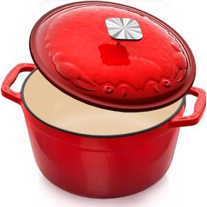 lot 13031 image: Enameled Cast Iron Dutch Oven - 5 Quart, Exclusive Designed Crab Lid, Oversized Knob, for Bread Baking Braiser Cooking - Red