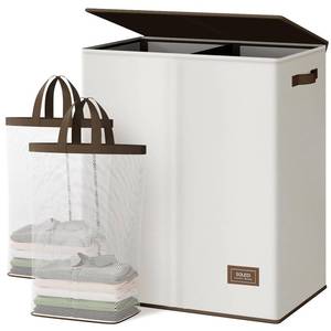 lot 13037 image: SOLEDI Luxury Double Laundry Hamper with Lid and Removable Bags, Large Hamper for Laundry, Laundry Basket 2 Sections, Collapsible Ditry Clothes Hamper for Bedroom, Laundry Room, Bathroom, Off-white