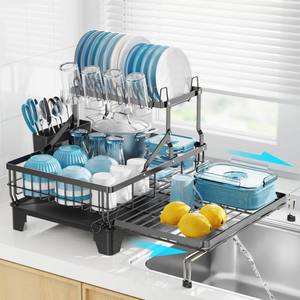 lot 13038 image: GSlife Large Dish Drying Rack 2 Tier, Expandable Kitchen Dish Drainer for Pots and Pans, 360° Swivel Spout, Rust-Resistant Metal Dish Rack with Utensil & Cup Holder, 16.9 W x 14.4-22.4 L, Black