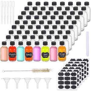 lot 13049 image: 72, 2oz Small Clear Glass Bottles with Lids Boston Round Sample Bottles for Essential Oil Vanilla Hot Sauce Juice Whiskey Bourbon Liquid come with 5 Funnels,5 Droppers,72 Labels,1Brush&Chalk Marker