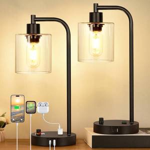 lot 13058 image: Set of 2 Industrial Table Lamps with USB CA Ports and Outlet, Fully Stepless Dimmable Bedside Lamps for Bedrooms, Nightstand Desk Lamp with Glass Shade for Reading Living Room Office (Bulbs Included)