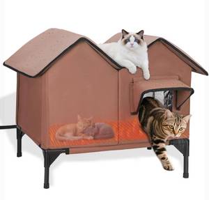 lot 13063 image: Large Heated Cat House for Outside in Winter, Elevated Insulated Heated Outdoor Cat House Weatherproof with Heating Pad, Waterproof Outdoor Cat Shelter for Multiple Cats Small Dogs (Brown)