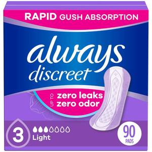 lot 13068 image: Always Discreet Adult Incontinence Pads for Women, Light Absorbency, Regular Length, Postpartum Pads, 30 Count (3 Packs of 30)