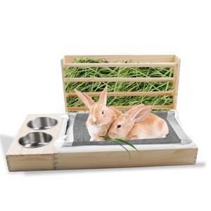 lot 13073 image: MUYG Rabbit Hay Feeder with Litter Box, 3 in 1 Wooden Bunny Feeder, Small Animal Hay Holder Rack for Rabbit, Guinea Pig, Hamster, Ferrets