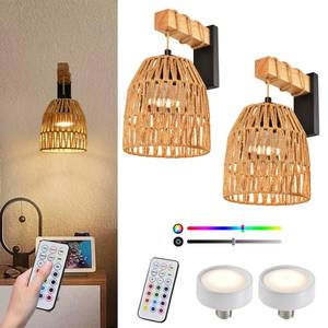 lot 13075 image: Battery Operated Wall Sconce Set of Two, Rattan Wall Sconces Battery Operated Set of 2, Boho Wall lights with Remote, Rechargeable Wall Sconce for Bedroom,Living Room, Entryway 15 Colors Dimmable