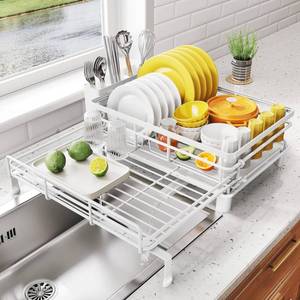 lot 13077 image: SNTD Dish Drying Rack - Extendable Dish Rack, Large Sink Drying Dish Drainer for Kitchen Counter, Stainless Steel Dish Strainer with Utensil Holder (White)