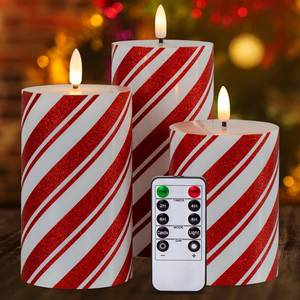 lot 13082 image: Yongmao Red Stripe Flameless Pillar Candles with Timer, Real Wax Flickering Battery Operated Candles for Christmas Holiday Home Decor, Set of 3 (D3 x H4 5 6)