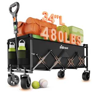 lot 13083 image: InBrave Extra Long Collapsible Wagon Cart, 480LBS Heavy Duty Utility Wagons with All-Terrain Wheels, Foldable Grocery Carts for Gardening, Shopping, Beach, Camping, Black