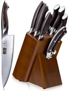 lot 13091 image: HOSHANHO 8-Piece Kitchen Knife Set, Japanese High Carbon Super Steel Knife Sets with Block, Professional Ultra Sharp Chef Knife Set with Scissors (used)