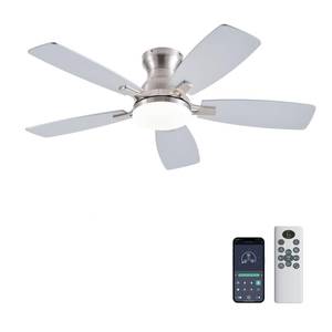 lot 13107 image: JSAITEE Ceiling Fans with Lights, 42 Inch Low Profile Ceiling Fan with Light and Remote Control, Flush Mount, DC Reversible Motor, Noiseless, Nickel 6 Speeds Ceiling Fan for Bedroom
