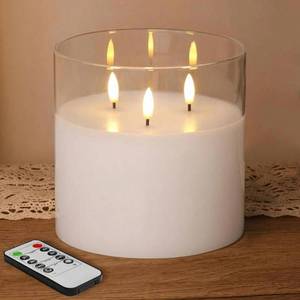 lot 13122 image: Eywamage 3 Wick Clear Glass Flameless Candle with Remote, Large Flickering LED Battery Pillar Candle � 6 H 6