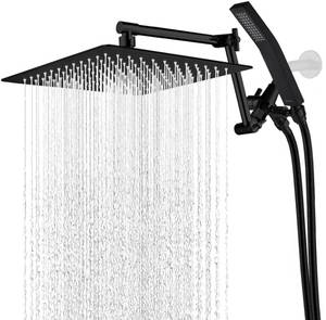 lot 13143 image: G-Promise All Metal 12 Inches Rainfall Shower Head with Handheld Spray Combo, 3 Settings Diverter, Adjustable Extension Arm with Lock Joints, 71 Inches Stainless Steel Hose (Matte Black)