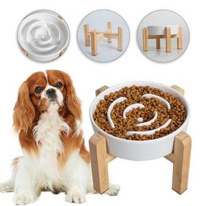 lot 13152 image: Elevated Slow Feeder Dog Bowl - Ceramic Maze Food Dish with Bamboo Stand - Raised Feeding Bowl for Fast Eaters - Ideal for Small and Medium Dogs - White - 6.7 inch