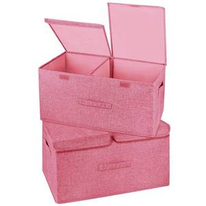 lot 13158 image: Valease 2 Pack Storage Boxes with Lids and Handles, Collapsible Linen Storage Bins Organizer Containers Baskets Cube with Removable Divider for Home Bedroom Closet Office (Pink, Large)