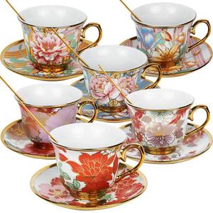 lot 13164 image: Qetoosur Tea Cups and Saucers Set of 6, 8 OZ Ceramic Tea Cups with Saucers Vintage Floral Tea Cup Set for Cappuccino, Macchiato, Afternoon Tea Birthday Party Supply Thanksgiving Day Halloween gifts