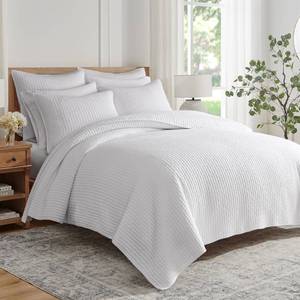 lot 13167 image: Levtex Home Cross Stitch Reversible FullQueen Quilt Set (88x92in) and 2 Pillow Shams (26x20in) - Stitch Texture - Bright White - Cotton FullQueen Size Quilt Bedding Set - Lightweight Soft Pre-Washed