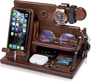 lot 14352 image: TESLYAR Wood Phone Docking Station for Men - Desk or Nightstand Organizer - Birthday Gifts for Husband, Dad - Anniversary Idea from Wife - Key Holder, Stand Wallet, Watch & Essentials (Bourbon Brown)