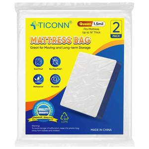 lot 14369 image: TICONN 2PK Plastic Mattress Bag for Moving Storage, Waterproof Mattress Protector Cover, Heavy-Duty Mattress Moving Supplies (1.5 mil, Queen)