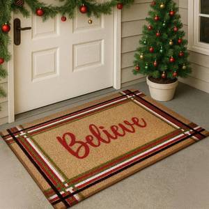 lot 14387 image: WILLBOND Christmas Coir Doormat Outdoor Welcome Door Mat 28 x 16 Inch Red and Green Striped Believe Xmas Floor Mat Non Slip Heavy Duty for Xmas Indoor Outdoor Entrance Door Porch Front Decor