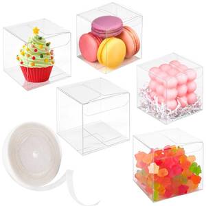 lot 14412 image: Jutieuo 45 Pack 3x3x3 Inches Clear Favor Boxes with Ribbons, Transparent Plastic Cube Treat Boxes for Candy Goodie Gift, Small Individual Hot Cocoa Bomb Packaging Box