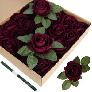 lot 14427 image: ICBOX Burgundy Artificial Flowers Velvet Roses 25 PCS Real Look Silk Flowers with Stems for DIY Wedding Party Baby Shower Home Decoration(Burgundy)