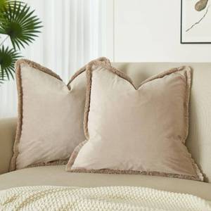 lot 14432 image: JUSPURBET Champagne Decorative Velvet Fringe Throw Pillow Covers 22x22 Set of 2 Boho Soft Cushion Case for Home Decor Living Room Couch Sofa Bed