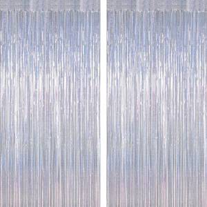lot 14442 image: 2 Pack Silver Metallic Tinsel Foil Curtains, 3.28 FT x 7.05 FT Glitter Silver Fringe Curtains, New Year Door Streamer Tinsel Backdrop Photo Booth for NYE Party Birthday Engagement Party Decorations