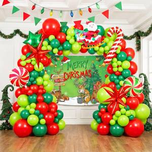 lot 14454 image: Christmas Balloon Garland Arch Kit with backdrop Xmas Red Green Balloons Candy Cane Santa Claus Star Foil Balloons for Christmas New Year Birthday Party Decorations (Red Green)