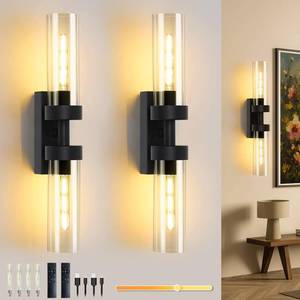 lot 15232 image: Maooght Rechargeable Wall Sconces Set of Two with Remote, Black Battery Operated Wall Sconce with Clear Glass, Sconces Wall Decor Set of 2 Wall Light Fixtures for Bedroom Bathroom Mirror Living Room
