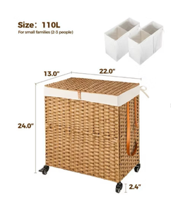 lot 15235 image: Greenstell Laundry Basket with Lid, Two Removable Inner Lining Bags, Two-compartment Garment Storage Basket, Natural