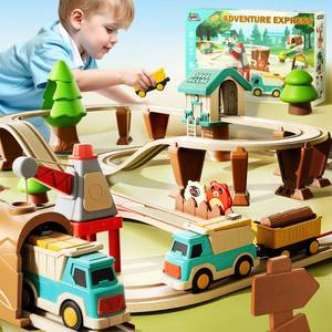 lot 3750 image: iPlay, iLearn 62PCS Kids Construction Track Toy Train Set, Electric Motorized Magnetic Truck Toy WTractor Crane, Forest Railway Engineering Building Playset, Birthday Gift 3 4 5 6 7 Boy Girl Toddler