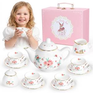 lot 3761 image: Porcelain Tea Set for Girls, Tea Party Set for Little Girls, Kids Tea Set Kitchen Pretend Play, Princess Tea Time Playset with Ceramic Teapot Cups Carry Case, Toddler Girl Toys Birthday Gifts Age 3