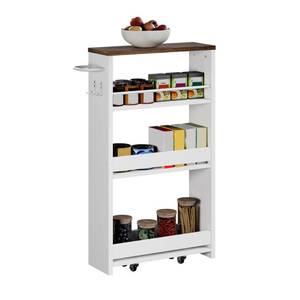lot 3763 image: ChooChoo 4-Tier Slim Storage Cart with Handle, 5.51 W Rolling Utility Cart on Universal Wheels, Kitchen Cart Mobile Shelving Organization for Laundry Room, Bathroom & Narrow Place (Walnut & White)