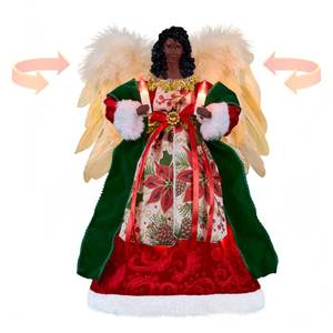 lot 5584 image: Cyraft Moving Black Angel Tree Topper with Lights, 12-Inch Red Cloth Lighted African American Decoration Holding Candles, Plug in and Battery Operated, Long Power Cord