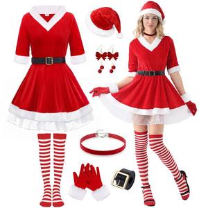 lot 6135 image: VillbeCoser Christmas Costume for Women Mrs Santa Claus lingerie Outfit Red Velvet Dress Sexy Adult Cosplay 7PCS Red-M