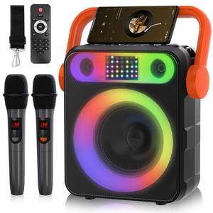 lot 6419 image: Karaoke Machine with Two Wireless Microphones, Portable Karaoke Machine for Adults & Kids, Bluetooth Speaker with BassTreble Adjustment, PA System, LED Lights, Supports TFUSB, AUX in, FM, REC, TWS One of the microphones doesnt work