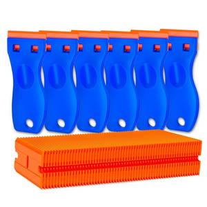 lot 6461 image: Plastic Razor Blade Scraper Tool, 6 Pcs Razor Scraper with 60 Pcs Plastic Blades, Cleaning Scraper Remover for Removal Floor Stove Scraping Labels and Decals Sticker on Car Window Glass