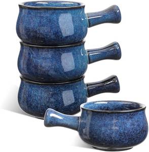 lot 6476 image: vicrays French Onion Soup Bowls With Handles, 26 Ounce for Soup, Chili, Beef Stew, Chip Resistant, Dishwasher Microwave Safe, Set of 4 (Blue)